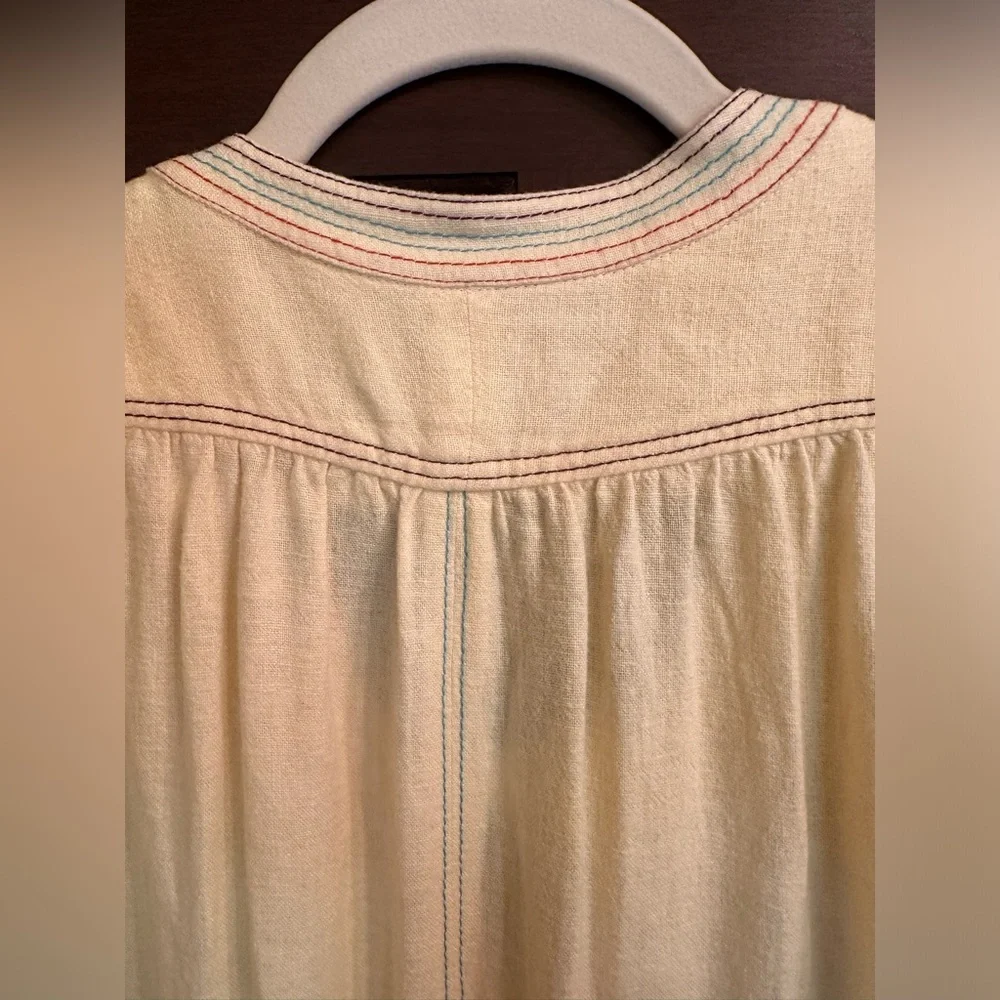 NWOT Redone RE/DONE light yellow soft linen dress w/contrast stitching & pockets - Picture 3 of 5